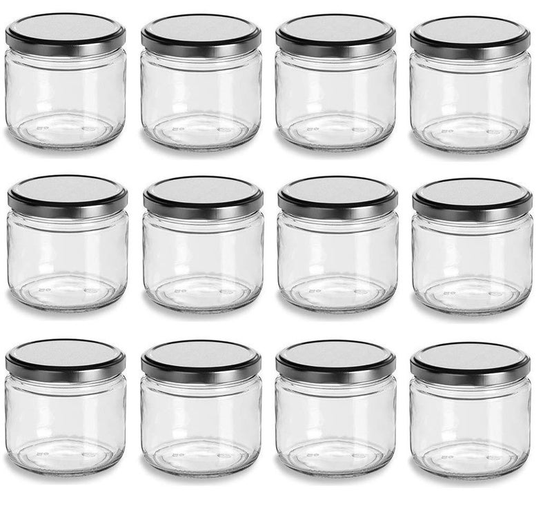 Nakpunar 12 oz Wide Mouth Glass Jars with Silver Lids -Set of 12 - Salsa style